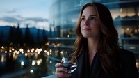 Professional businesswoman enjoying wine on modern office terrace at twilight with city lights bokeh background for corporate lifestyle concepts.