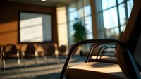 Empty modern conference room with rows of chairs and presentation screen in warm sunlight, business meeting space with natural lighting through windows.