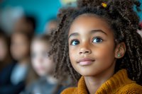 Young African American girl with natural curly hair wearing orange sweater looking up with hopeful expression against blurred blue background.
