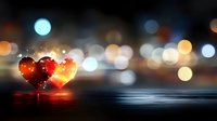 Glowing red heart shapes reflected on wet surface against blurred city lights bokeh background, romantic Valentine's day concept for greeting cards and designs.