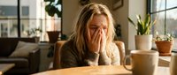 Stressed blonde woman covering face with hands sitting at wooden table in modern home interior during difficult emotional moment.