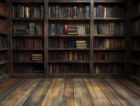 Vintage library interior with wooden bookshelves filled with old books and hardwood floor for academic and literary backgrounds.