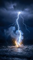 Dramatic lightning bolt strikes ocean surface creating explosive splash with golden sparks against stormy dark blue sky and turbulent waves during thunderstorm.