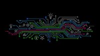 Digital circuit board pattern with colorful electronic pathways and tech symbols on black background for modern technology designs.