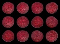 Twelve red wax seals isolated on transparent background, ready for stickers, invitations, t-shirt design, print on demand, clipart, and sublimation projects.