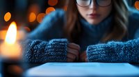 Young woman in cozy blue sweater reading by candlelight with bokeh background, creating atmospheric evening mood for literature and relaxation.