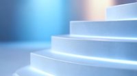 White modern stairs with glowing blue light effect and soft shadows creating minimalist architectural composition for business success concept background.