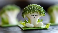 Cute broccoli character in meditation pose sitting on green leaf against dark background, creative food art composition for healthy lifestyle concept.