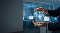 Businessman hands protecting digital security network with glowing padlock icons and cyber protection symbols in modern office environment.
