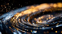 Mesmerizing swirls of golden light and dark blue waves create dynamic abstract pattern with glowing bokeh effect and shimmering particles for luxury backgrounds.