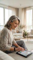 Senior Caucasian woman using tablet computer at home sitting on sofa in bright modern living room with natural light for technology and lifestyle content.