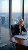 Senior woman with white hair and glasses, wearing dark blazer, reviewing documents at wooden desk in high-rise office with panoramic city skyline view. Executive professional working.