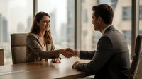 Professional businesswoman and businessman shaking hands across conference table in modern office setting during successful meeting or partnership agreement.