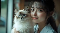 Young Asian woman veterinarian in white coat holding fluffy Birman cat with blue eyes, smiling warmly indoors, pet care concept.