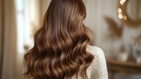 Luxurious wavy brown hair cascading down woman's back, showcasing glossy waves and healthy texture against soft cream sweater in warm interior setting.