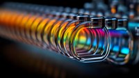 Glass jars in row with vibrant rainbow light reflections creating artistic bokeh effect against dark background, macro photography for creative design projects.