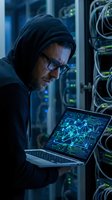 Male IT specialist wearing glasses and dark hoodie working on laptop with network visualization in server room environment with cable infrastructure.