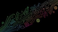 Digital technology wave with colorful gradient lines featuring cryptocurrency symbols, charts, and global network icons on dark background for fintech designs.