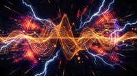 Electric energy waves with lightning bolts and glowing orange frequency patterns on dark background for technology and power concepts.