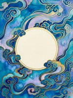 Ornate circular frame surrounded by flowing clouds in traditional Asian style with blue and purple watercolor background for decorative design projects.