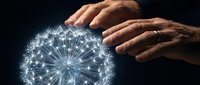 Hands protecting glowing digital network sphere with connected nodes representing cybersecurity, data protection and technology innovation concepts.