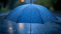 Blue umbrella with raindrops against dark moody background, water reflections and bokeh lights create atmospheric rainy evening scene. Minimalist weather concept.