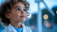Young child with curly hair looking up with wonder and hope against blue evening sky with bokeh lights, wearing white shirt, expressing curiosity and dreaming about future.
