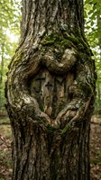 Ancient tree trunk with natural heart-shaped hollow formation covered in moss, symbolizing love and connection with nature in forest setting.