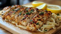 Grilled chicken breast sliced and seasoned with herbs served on wooden board with pasta and lemon wedges for healthy dinner meal preparation.