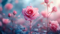 Delicate pink rose surrounded by geometric crystal shapes in dreamy blue atmosphere, creating ethereal garden scene with soft bokeh effect and mystical ambiance.