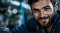 Confident young bearded male mechanic with friendly smile in blue workwear at auto service garage, professional automotive repair specialist portrait.