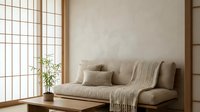Minimalist living room interior with beige linen sofa, wooden table, potted plant, and shoji-style window. Neutral tones create calm, modern aesthetic for home decor and interior design projects.