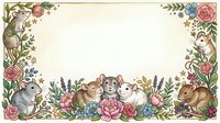 Adorable woodland animals including rabbits, squirrels and mice surrounded by floral border with roses, lavender and greenery on cream background.