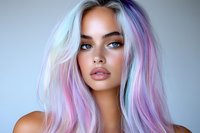 Young woman with vibrant multicolored pastel hair in pink, purple and mint tones, bright blue eyes and full lips against blue background, beauty portrait.