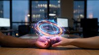 Business partnership concept with glowing digital energy sphere floating above joined hands in modern office environment at twilight.