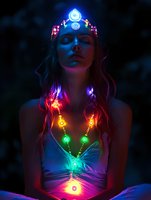 Young woman with closed eyes wearing glowing LED chakra jewelry and crown in neon lighting for spiritual wellness meditation and energy healing concepts.