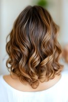 Back view of medium length wavy brunette hair with caramel balayage highlights styled in soft curls, showing modern haircut and professional coloring technique.