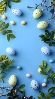 Speckled Easter eggs in pastel blue and mint green scattered with spring leaves and delicate white berries on bright blue background, creating festive holiday layout.