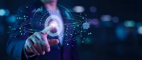 Businessman in suit touching glowing digital fingerprint icon with network connections and data streams, representing biometric security, identity verification, and cybersecurity technology solutions.