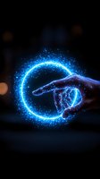 Glowing blue neon circle with magical sparkling particles and pointing hand silhouette against dark background, creating mystical portal effect.