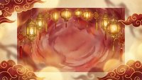 Ornate red and gold frame with hanging lanterns and swirling cloud patterns, featuring a large rose in soft pink tones, suitable for festive greetings and celebration designs.