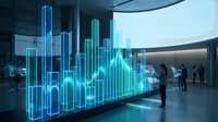 Futuristic holographic data visualization display with glowing blue charts and graphs in modern corporate interior with business professionals analyzing information.