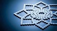White pills arranged in geometric star pattern on blue gradient background for pharmaceutical and healthcare design concepts.