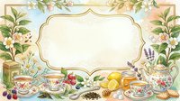 Vintage botanical tea time frame with ornate gold border, featuring fresh flowers, teacups, honey jar, and garden herbs on cream background. Isolated design element suitable for invitations, labels, and stationery projects.