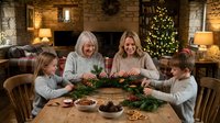Multi-generational family creating Christmas wreath together at rustic dining table with decorated tree and fireplace in cozy holiday home interior.