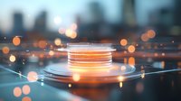 Glowing orange hologram platform with light streaks and bokeh effects on reflective surface against blurred city background creates futuristic atmosphere.