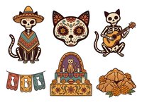 Skeleton cat wearing sombrero and poncho, sugar skull cat face, skeleton cat playing guitar, decorative banner flags, ornate altar with cat, marigold flowers. Day of the Dead themed clipart set.