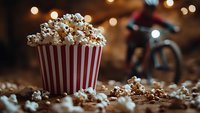 Fresh popcorn overflowing from classic red and white striped container with scattered kernels and soft bokeh lights creating cinematic atmosphere.