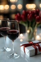 Romantic evening setup with red wine glasses, wrapped gift box with burgundy ribbon, and red tulips against soft bokeh lights creating intimate atmosphere.