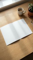 Minimalist workspace with blank white paper on wooden desk, coffee cup and small plant creating cozy home office atmosphere for creative projects.